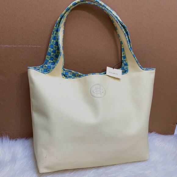 COLE HAAN Large "Lemonade" Yellow Fabric Carry All Bucket Tote Reversible NOS - Picture 1 of 10